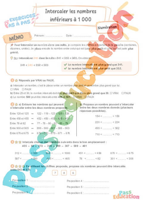 Leçon, exercice et évaluation :<br/> Intercaler les nombres inférieurs à 1000 : CE2