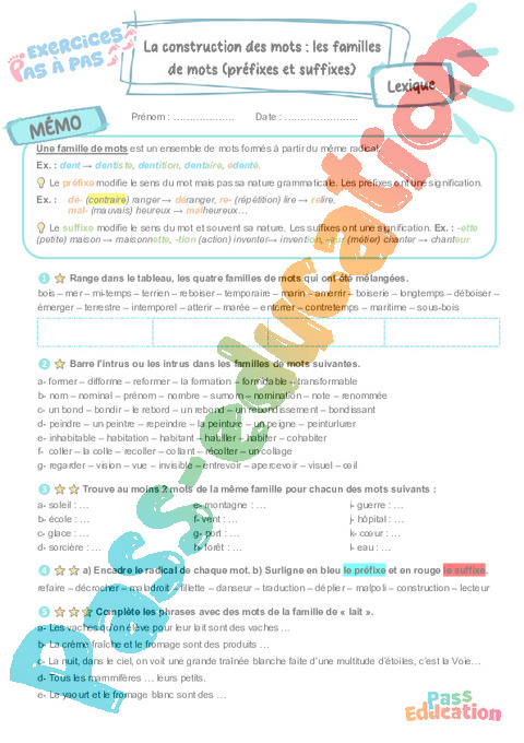 Cours et exercice : La construction des mots les familles de mots (préfixes et suffixes) : 6ème