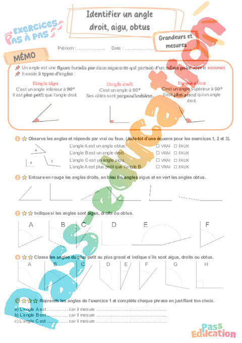 Leçon, exercice et évaluation :<br/> Les angles : CM2