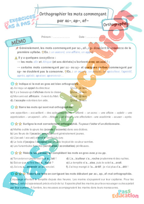 Leçon, exercice et évaluation :<br/> Les mots commençant par ac, af, ap : CM2