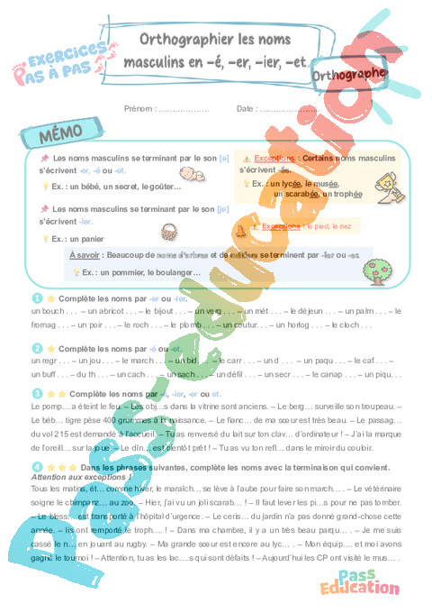 Leçon, exercice et évaluation :<br/> Les noms masculins en -é, -er, -ier, -et : orthographier : CE2