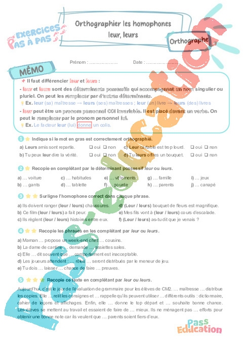 Leçon, exercice et évaluation :<br/> leur, leurs : Orthographier les homophones : CM2