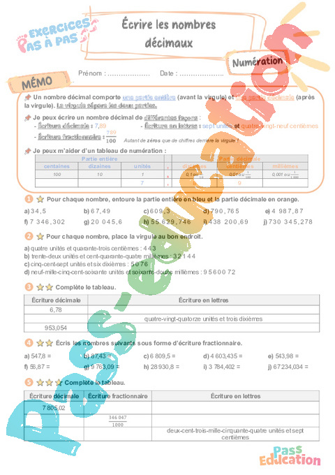 Leçon, exercice et évaluation :<br/> Lire / écrire des Nb décimaux : CM2