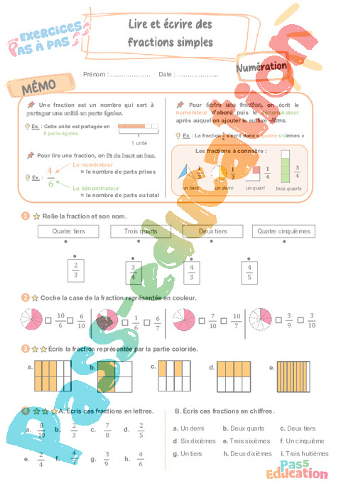 Leçon, exercice et évaluation :<br/> Lire / écrire / représenter des fractions simples : CE2