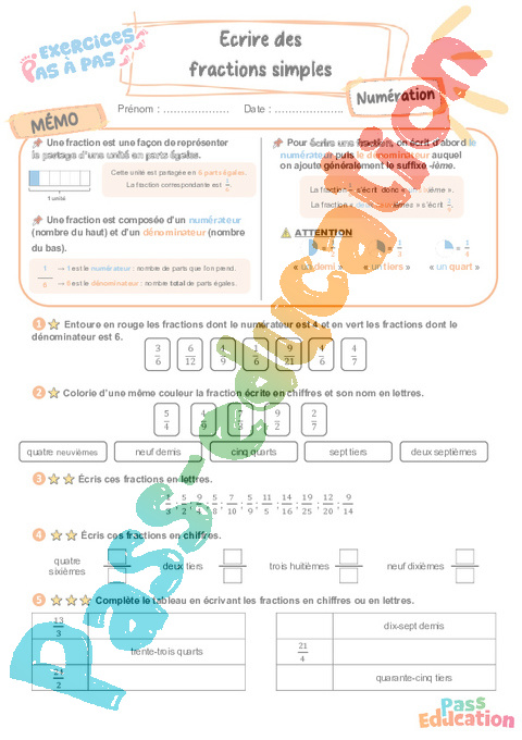 Leçon, exercice et évaluation :<br/> Lire et écrire des fractions simples : CM2
