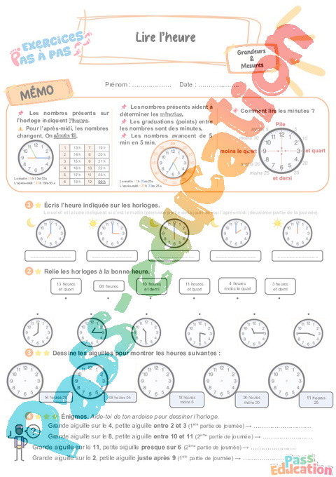 Leçon, exercice et évaluation :<br/> Lire l'heure, horloge : CE2