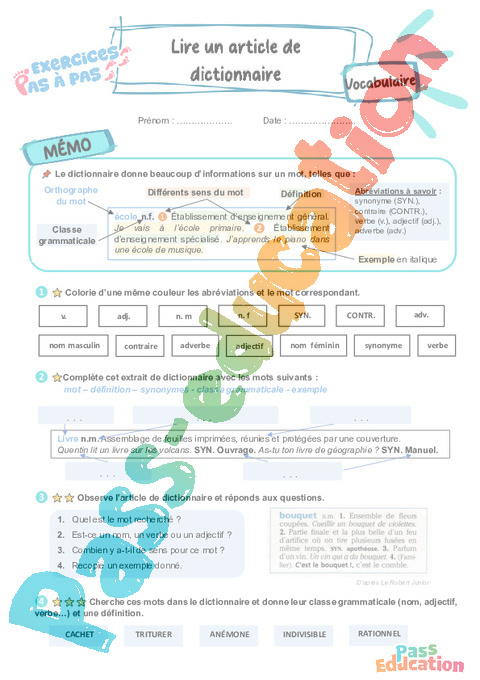 Leçon, exercice et évaluation :<br/> Lire un article de dictionnaire : CE2
