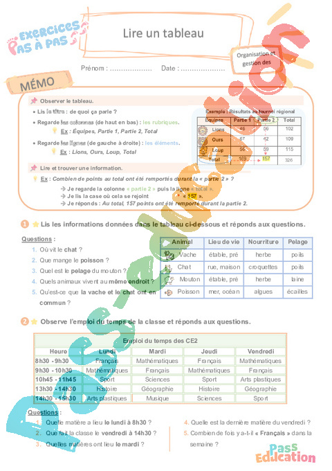 Leçon, exercice et évaluation :<br/> Lire un tableau : CE2