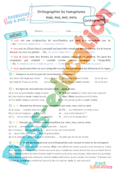 Leçon, exercice et évaluation :<br/> mais, mes, met, mets : Orthographier les homophones : CM2