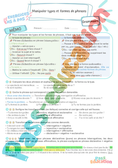 Leçon, exercice et évaluation :<br/> Manipuler types et formes de phrases : CM1