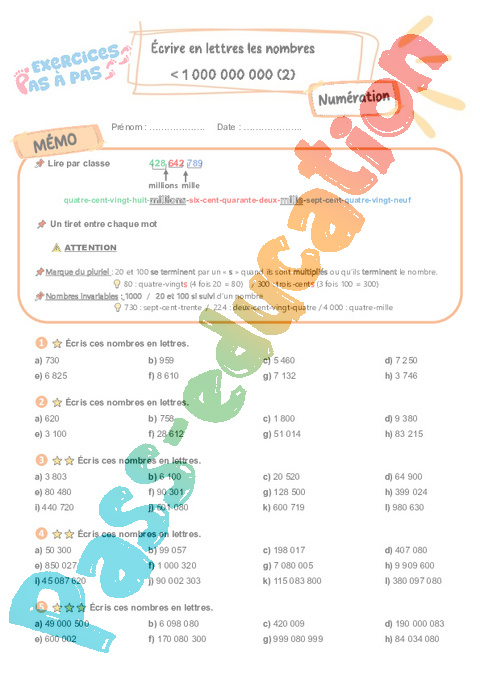 Leçon, exercice et évaluation :<br/> Mathématiques : CM2