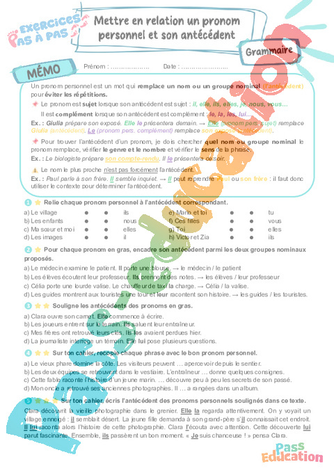 Cours et exercice : Mettre en relation un pronom personnel et son antécédent : 6ème