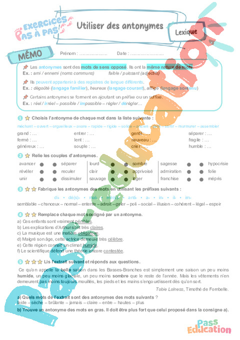 Cours et exercice : Mots de sens contraire : 6ème