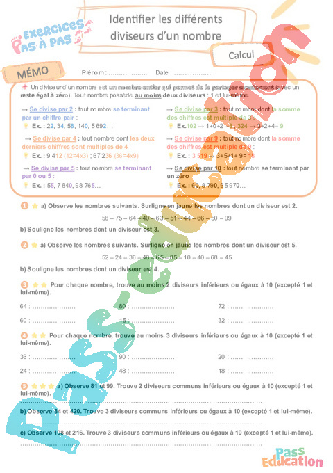 Leçon, exercice et évaluation :<br/> Multiples et diviseurs : CM2