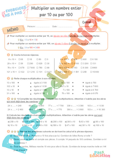 Leçon, exercice et évaluation :<br/> Multiplier un nombre entier par 10 ou par 100 : CM2