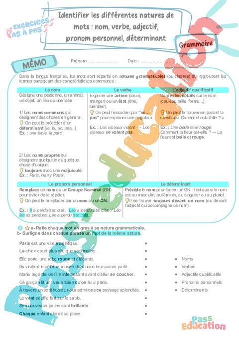 Cours et exercice : Nature et fonction : 5ème