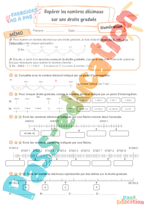 Leçon, exercice et évaluation :<br/> Nb décimaux et droite graduée : CM2