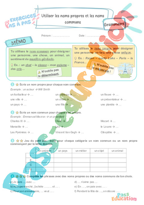 Leçon, exercice et évaluation :<br/> Nom : CE2