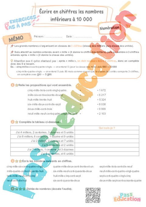 Leçon, exercice et évaluation :<br/> Nombres entiers < 10 000 : CE2