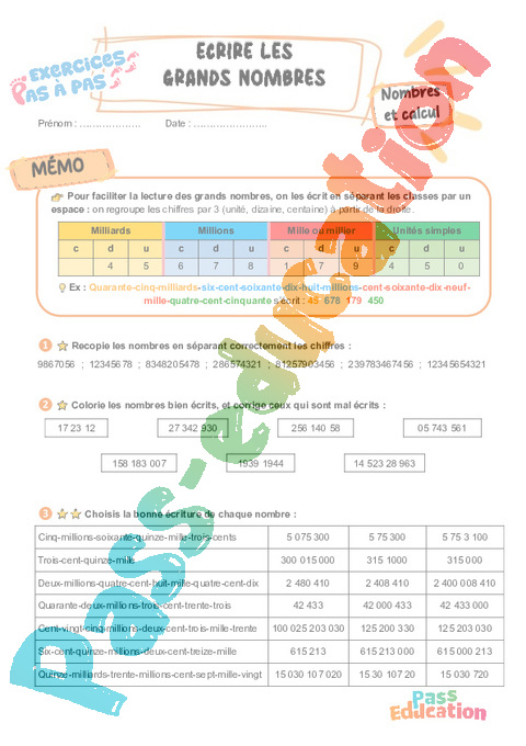 Cours et exercice : Nombres entiers : 6ème