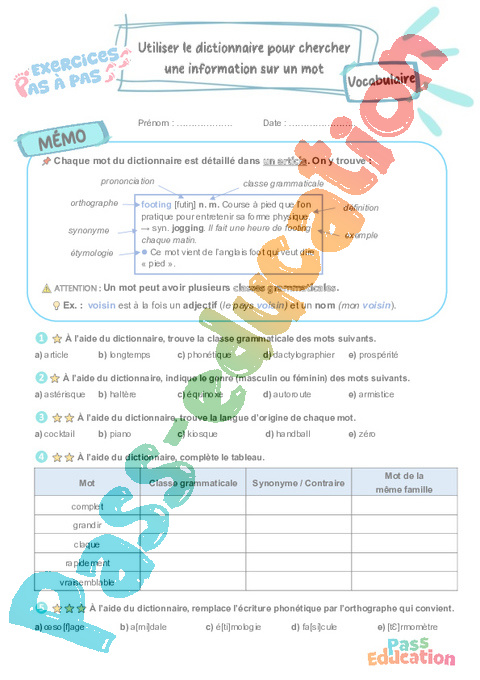 Leçon, exercice et évaluation :<br/> Ordre alphabétique / Dictionnaire : CM2