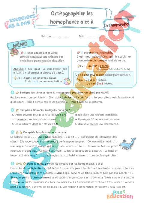 Leçon, exercice et évaluation :<br/> Orthographier les homophones a et à : CE2