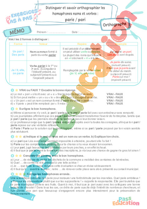 Cours et exercice : parie / pari : Distinguer et savoir orthographier les homophones noms et verbes : 6ème
