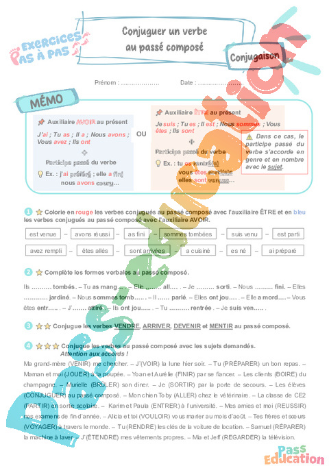 Leçon, exercice et évaluation :<br/> Passé composé : CE2