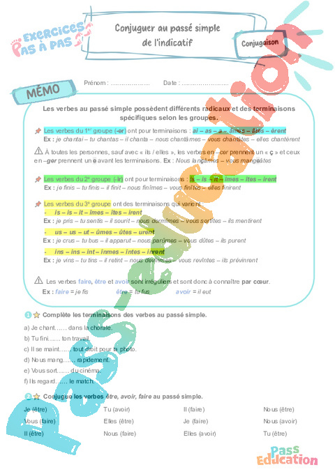 Cours et exercice : Passé simple : 5ème