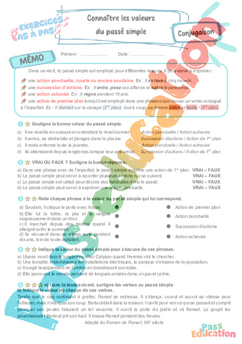 Cours et exercice : Passé simple : 6ème