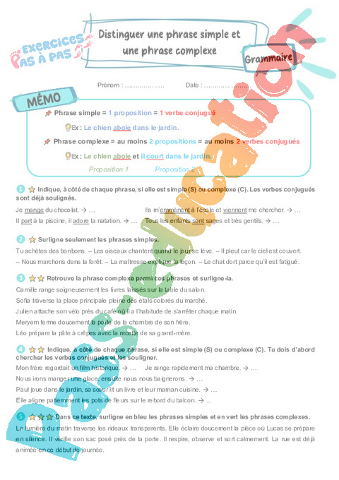 Leçon, exercice et évaluation :<br/> Phrase simple et complexe : CM2