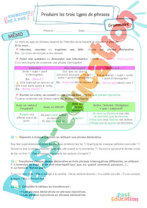 Cours et exercice : Phrase / Types de phrase : 5ème