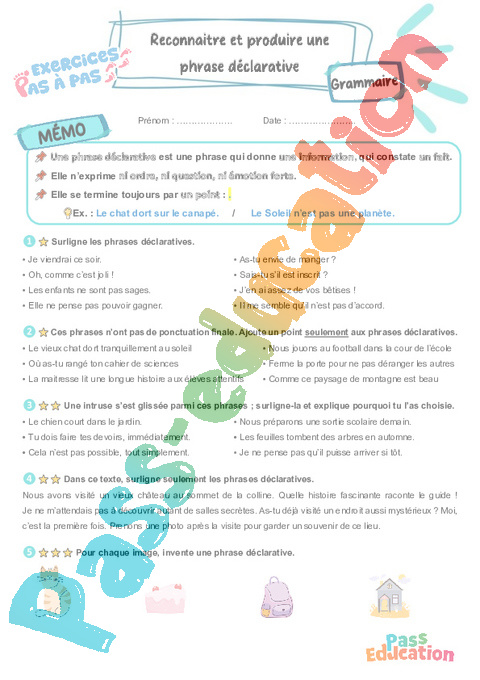 Leçon, exercice et évaluation :<br/> Phrase / Types de phrase : CM2