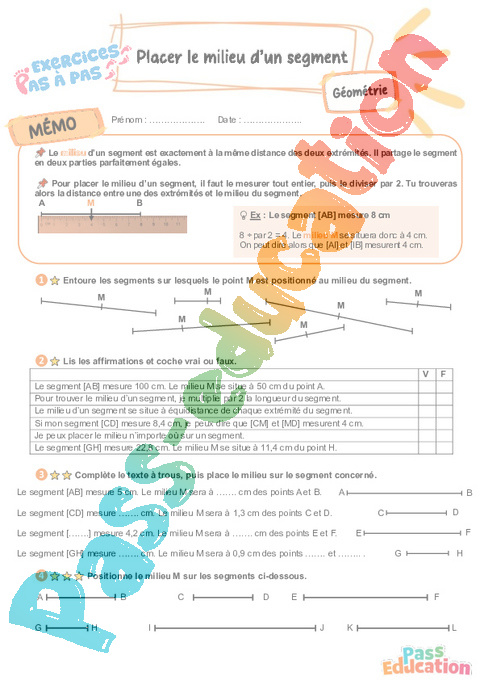 Leçon, exercice et évaluation :<br/> Placer le milieu d’un segment : CE2