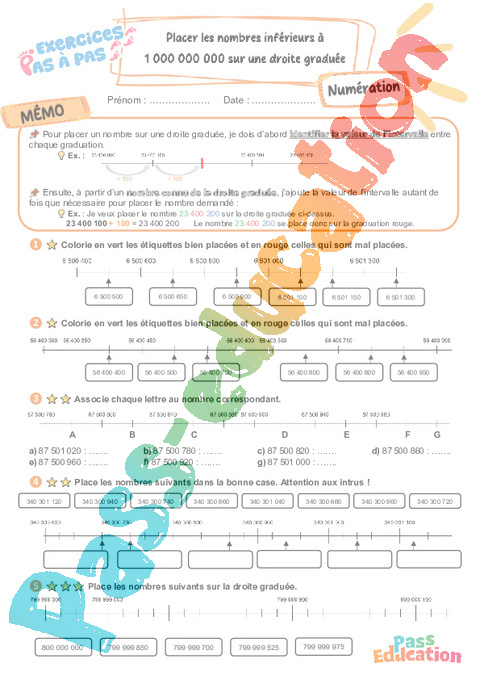 Leçon, exercice et évaluation :<br/> Placer les nombres inférieurs à 1 000 000 000 sur une droite graduée : CM2