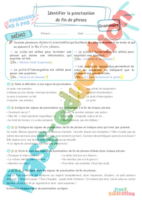 Leçon, exercice et évaluation :<br/> Ponctuation fin de phrases : CM1