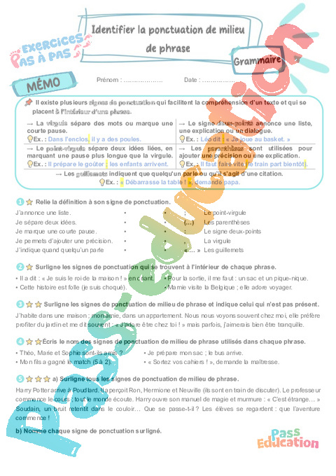 Leçon, exercice et évaluation :<br/> Ponctuation : CM1