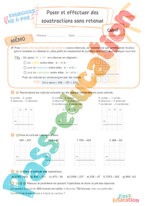 Leçon, exercice et évaluation :<br/> Poser et effectuer des soustractions sans retenue en colonne : CE2