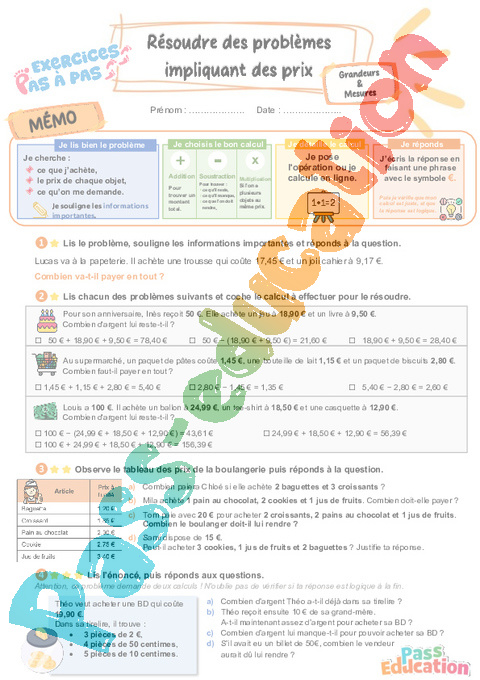 Leçon, exercice et évaluation :<br/> Prix : CE2