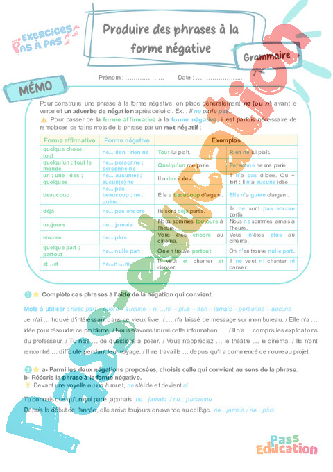 Cours et exercice : Produire des phrases à la forme négative : 5ème