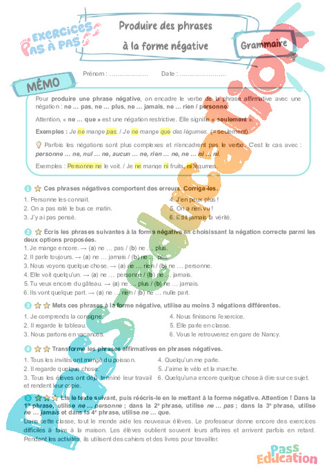 Cours et exercice : Produire des phrases à la forme négative : 6ème