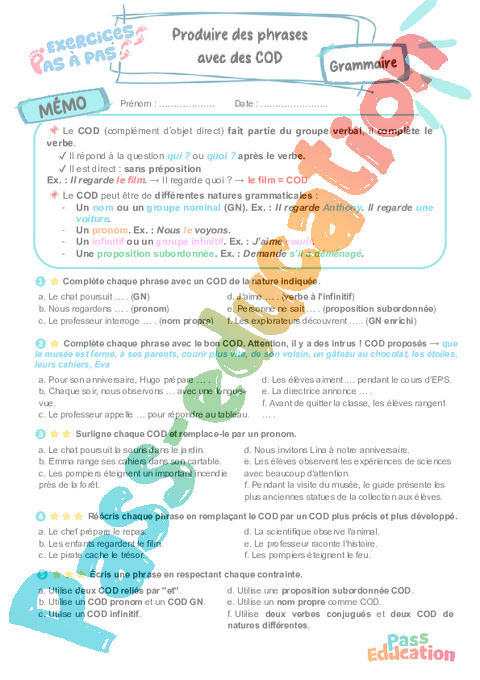 Cours et exercice : Produire des phrases avec COD : 6ème