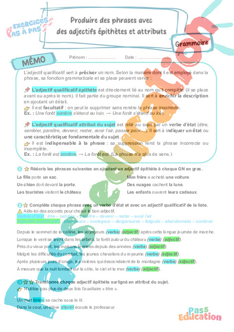Cours et exercice : Produire des phrases avec des adjectifs épithètes et attributs : 5ème