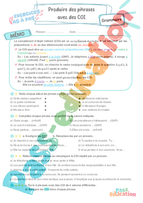 Cours et exercice : Produire des phrases avec des COI : 6ème