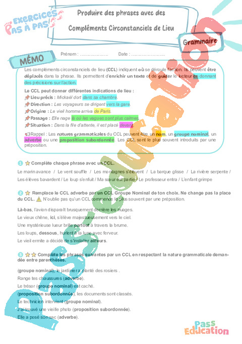 Cours et exercice : Produire des phrases avec des compléments circonstanciels de lieu : 5ème