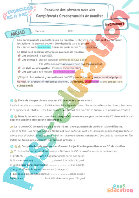 Cours et exercice : Produire des phrases avec des compléments circonstanciels de manière : 5ème
