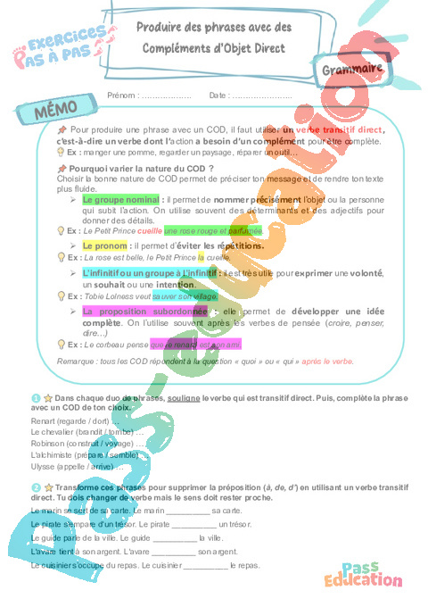 Cours et exercice : Produire des phrases avec des compléments d’objet direct (COD) : 5ème