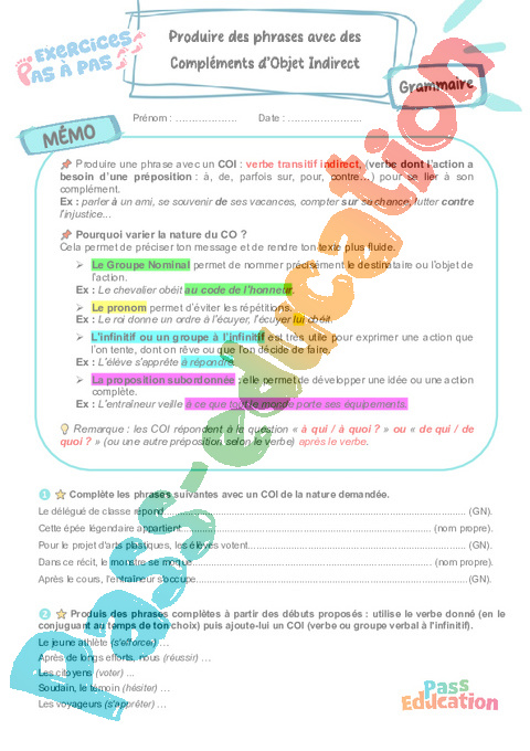 Cours et exercice : Produire des phrases avec des Compléments d’Objet Indirect (COI) : 5ème