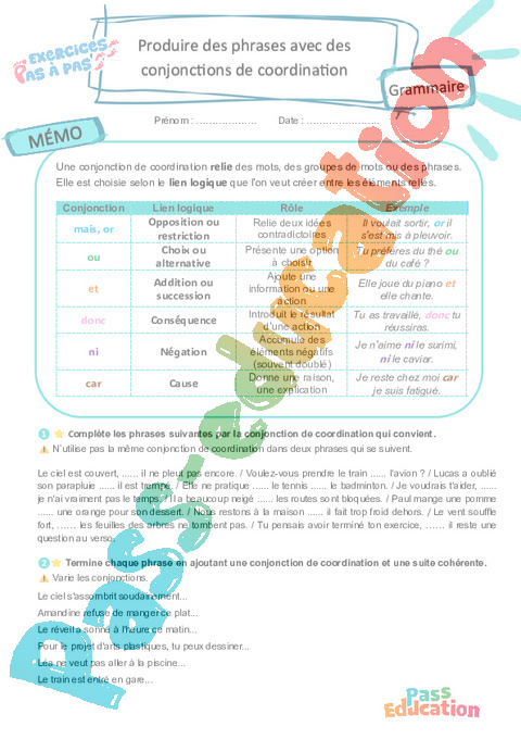 Cours et exercice : Produire des phrases avec des conjonctions de coordination : 5ème