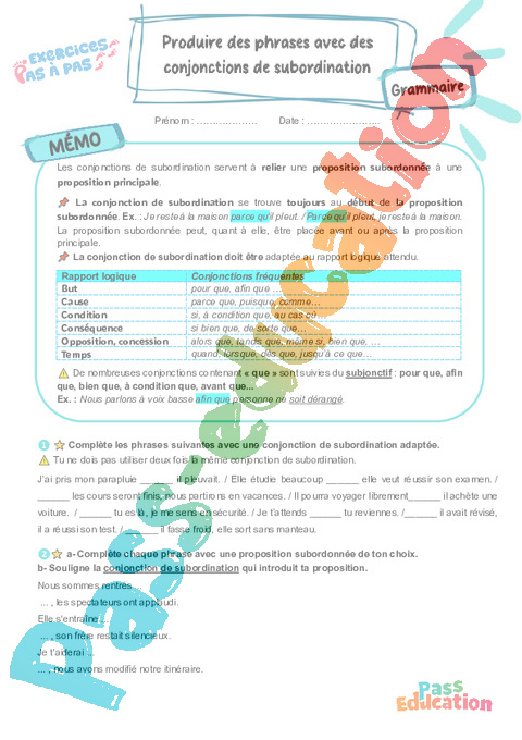 Cours et exercice : Produire des phrases avec des conjonctions de subordination : 5ème